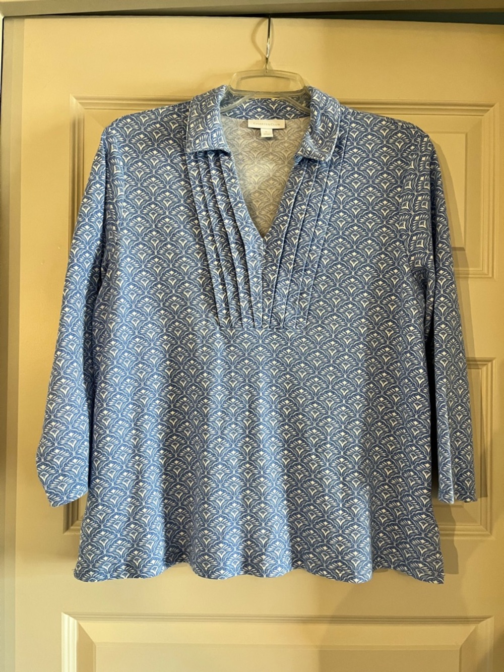 Charter Club Blue Printed Pleated V-Neck Tunic